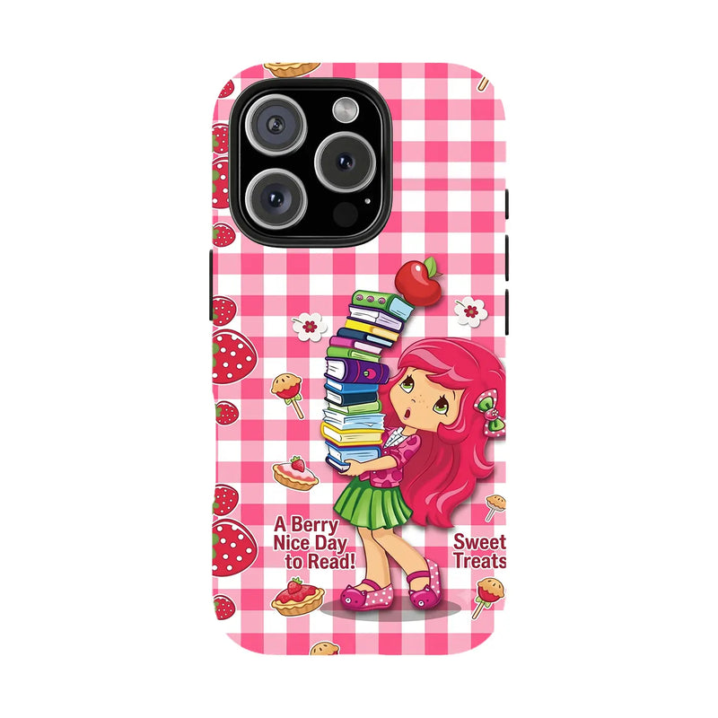 Strawberry Shortcake Cartoon Phone Case for Iphone Series - Vintage Pink Grid, Polka Dot Protective Cover with Camera Cutouts, Ideal for Cartoon Fans