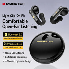MONSTER Open Ear Clip-On Earbuds, Bluetooth 6.0 Wireless Earphones with 13Mm Drivers, 4.3G Ultra-Light J-Shaped Comfort Fit, ENC Clear Calls, 165H Playtime, Water-Resistant Sports Headphones for Running & Workouts Tiktokshopbacktoschool