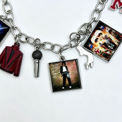 Music Inspired Michael Jackson Charm Bracelet, Vintage Link Chain Bracelet with Microphone, Jacket & Album Charms, Unisex Fan Gift, Back to School